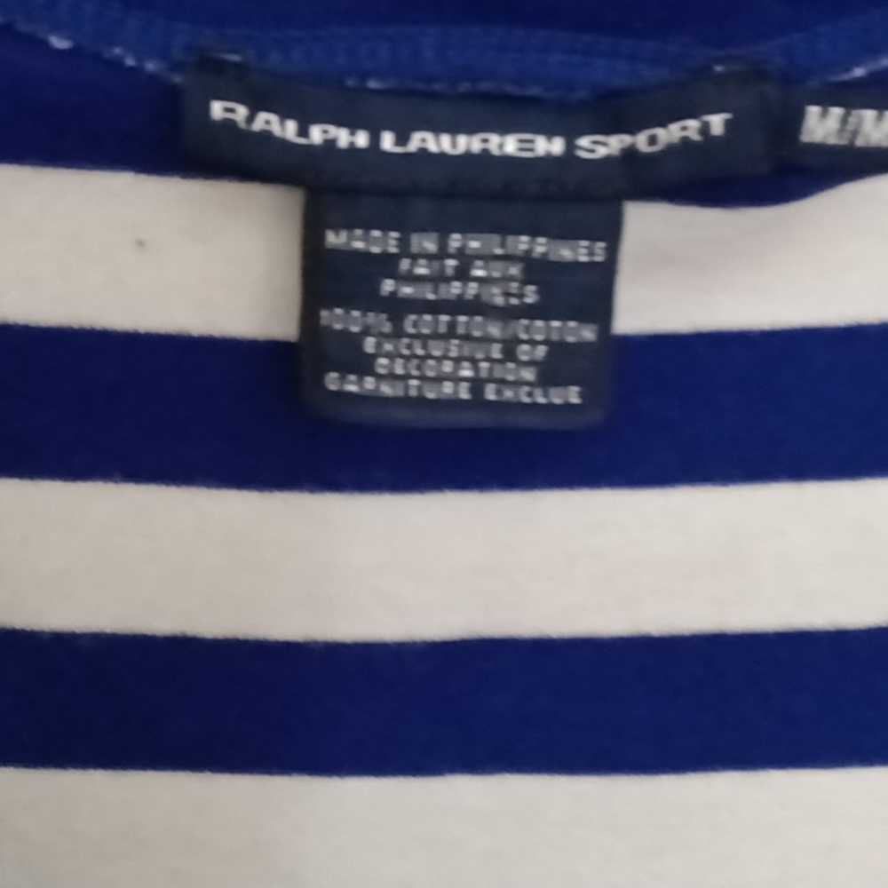 FINAL PRICE RALPH LAUREN SPORTS blue & white striped ss v-neck Tee Sz Med